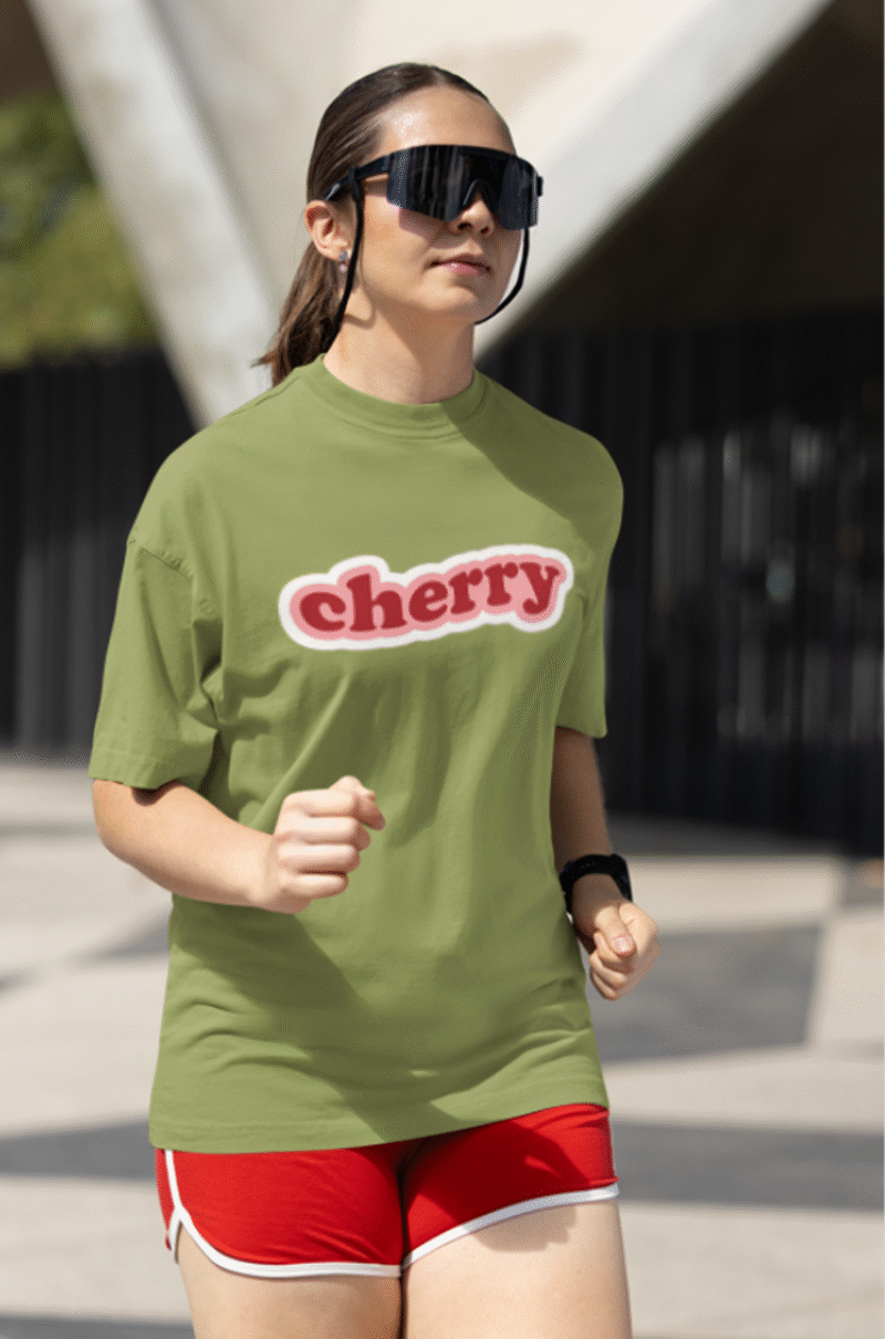 Cherry Print Oversized T-Shirt for Women | Olive Green Casual Tee | Premium Cotton Summer Wea