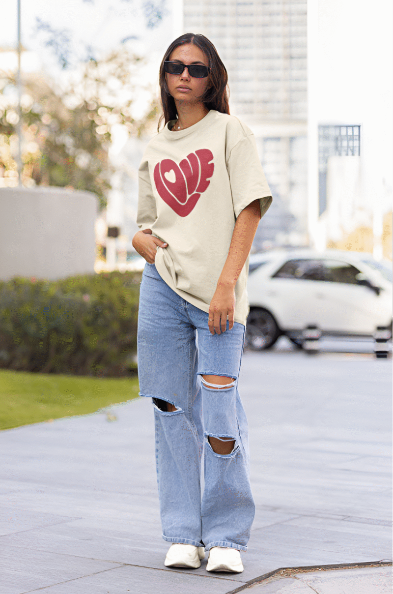 LOVE Print Oversized T-Shirt for Women | Beige Graphic Tee | Premium Cotton Casual Wear